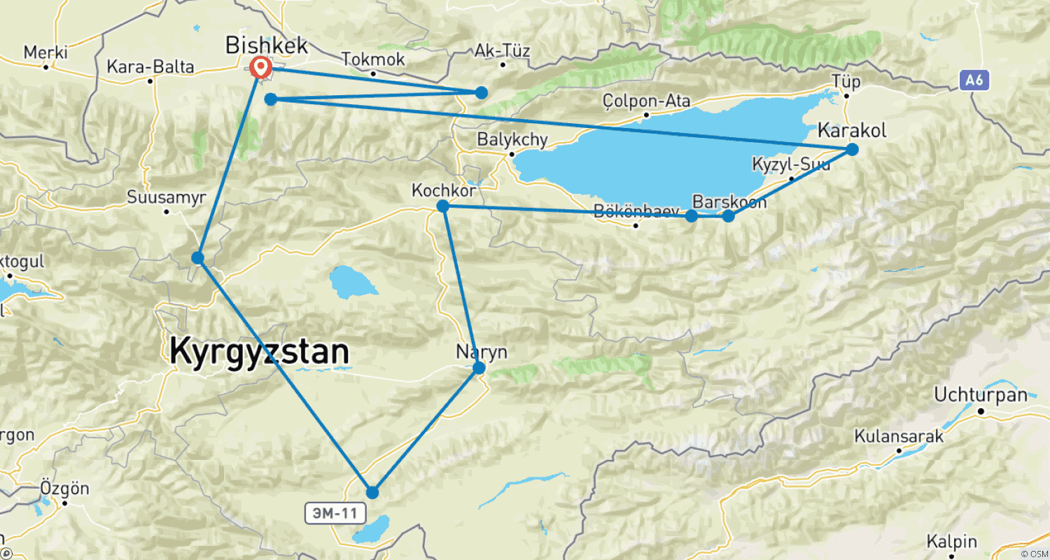 Mapa trasy: 10-dniowa wyprawa terenowa z samodzielnym prowadzeniem przez szczyty Kirgistanu