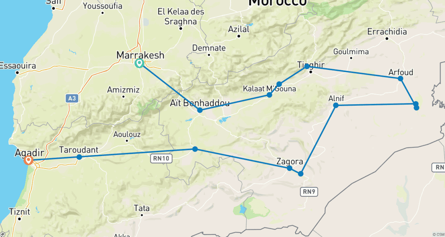 Mapa trasy: Z Marrakeszu: 4-dniowa prywatna wycieczka do Agadiru przez pustynię Merzouga (hotele 4-gwiazdkowe)
