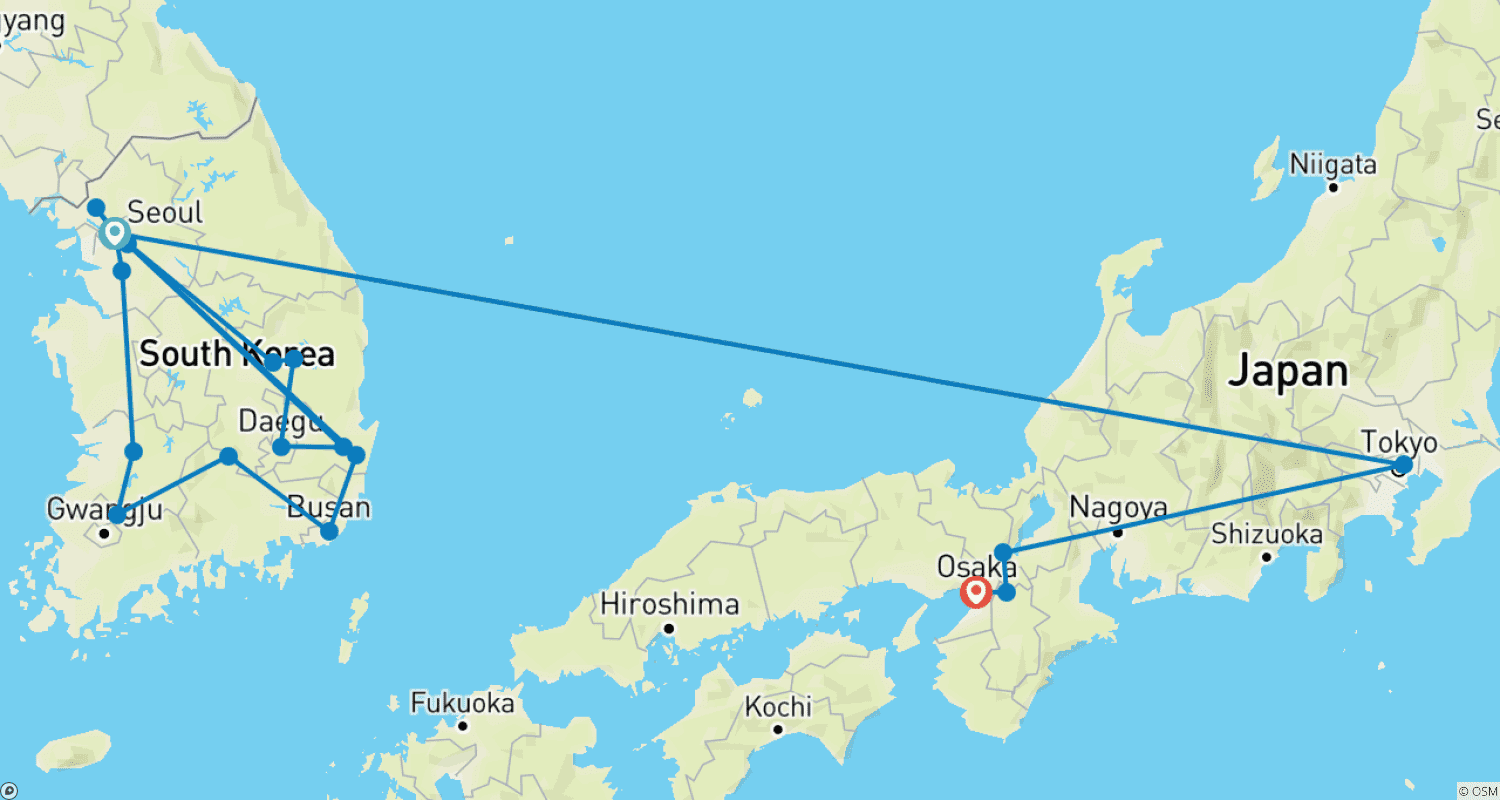 Mapa trasy: Kompletna Korea z Tokio, Kioto i Osaką