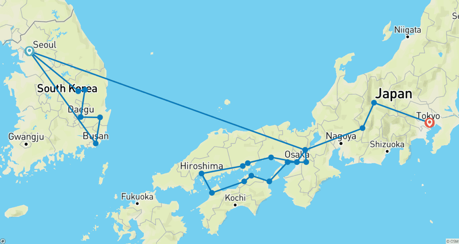 Mapa do percurso de Coreia e as Maravilhas do Japão