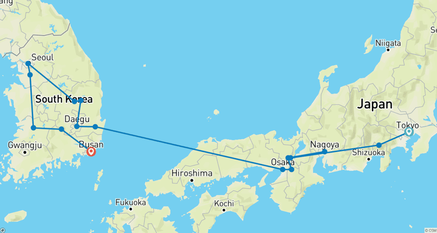 Mapa do percurso de Essential Japan and Complete Korea