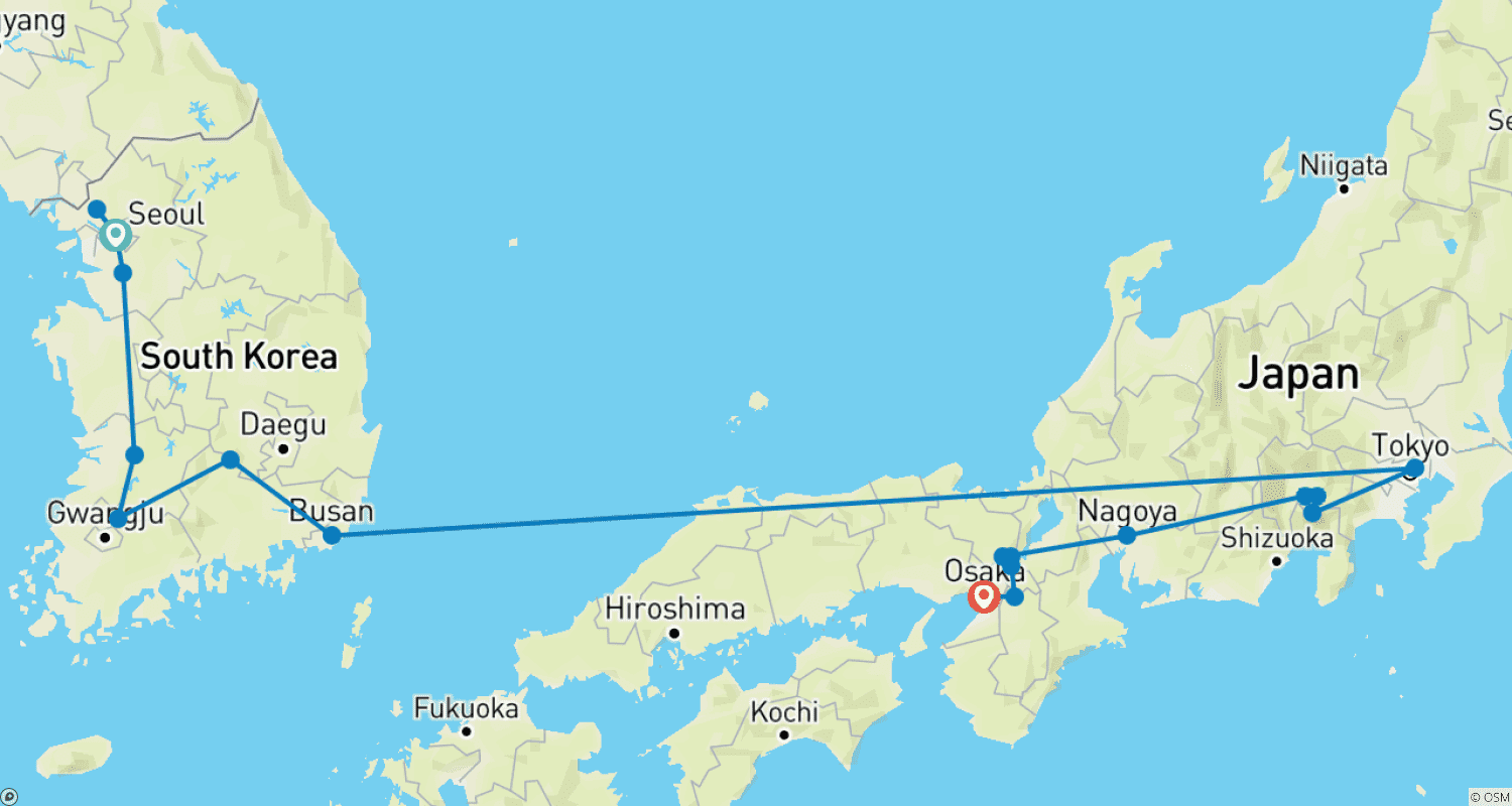 Mapa do percurso de Shining Korea and Essential Japan
