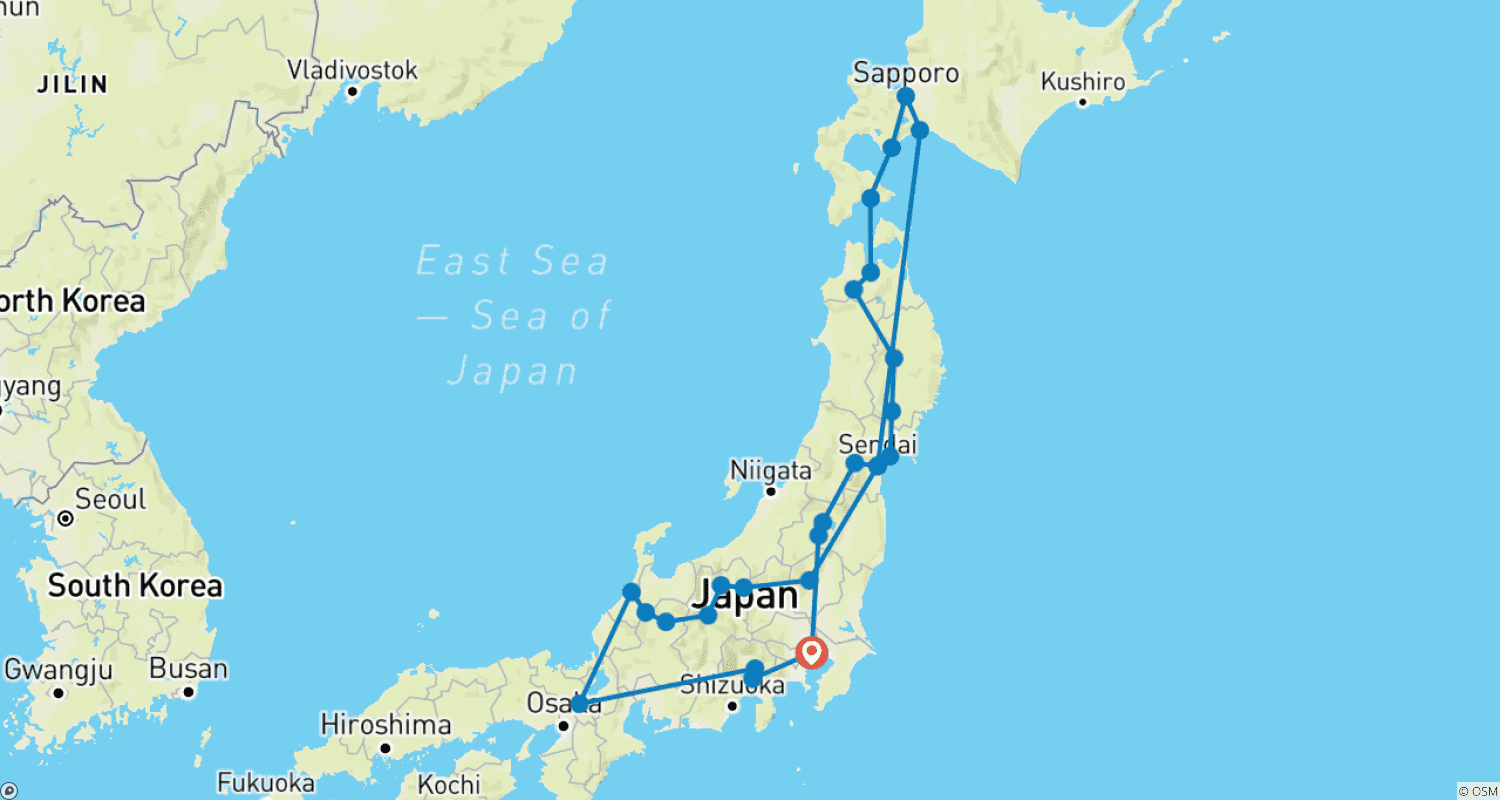 Mapa do percurso de Viagem ao Coração do Japão
