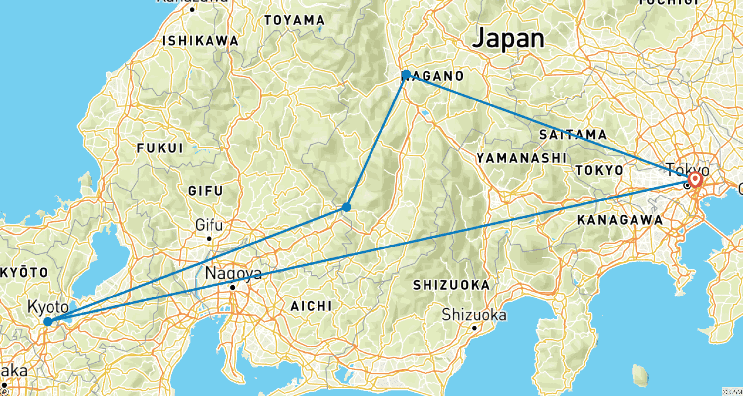 京都、妻籠、松本のルートマップ