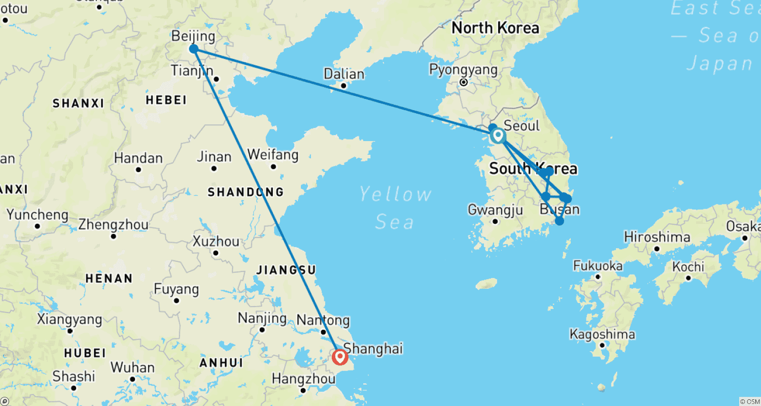 Mapa trasy: Korea, Beijing, and Shanghai