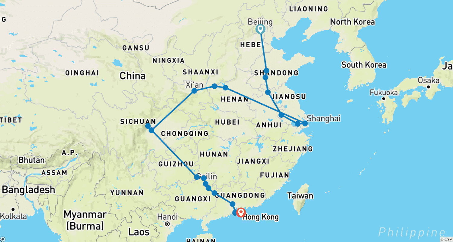 Northern and southern China end Hong Kongのルートマップ
