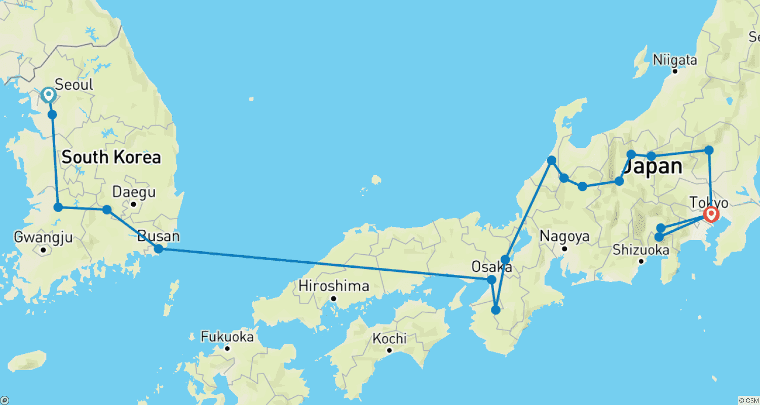 Mapa trasy: Krajobrazy Korei i Japonia z Górą Fudżi