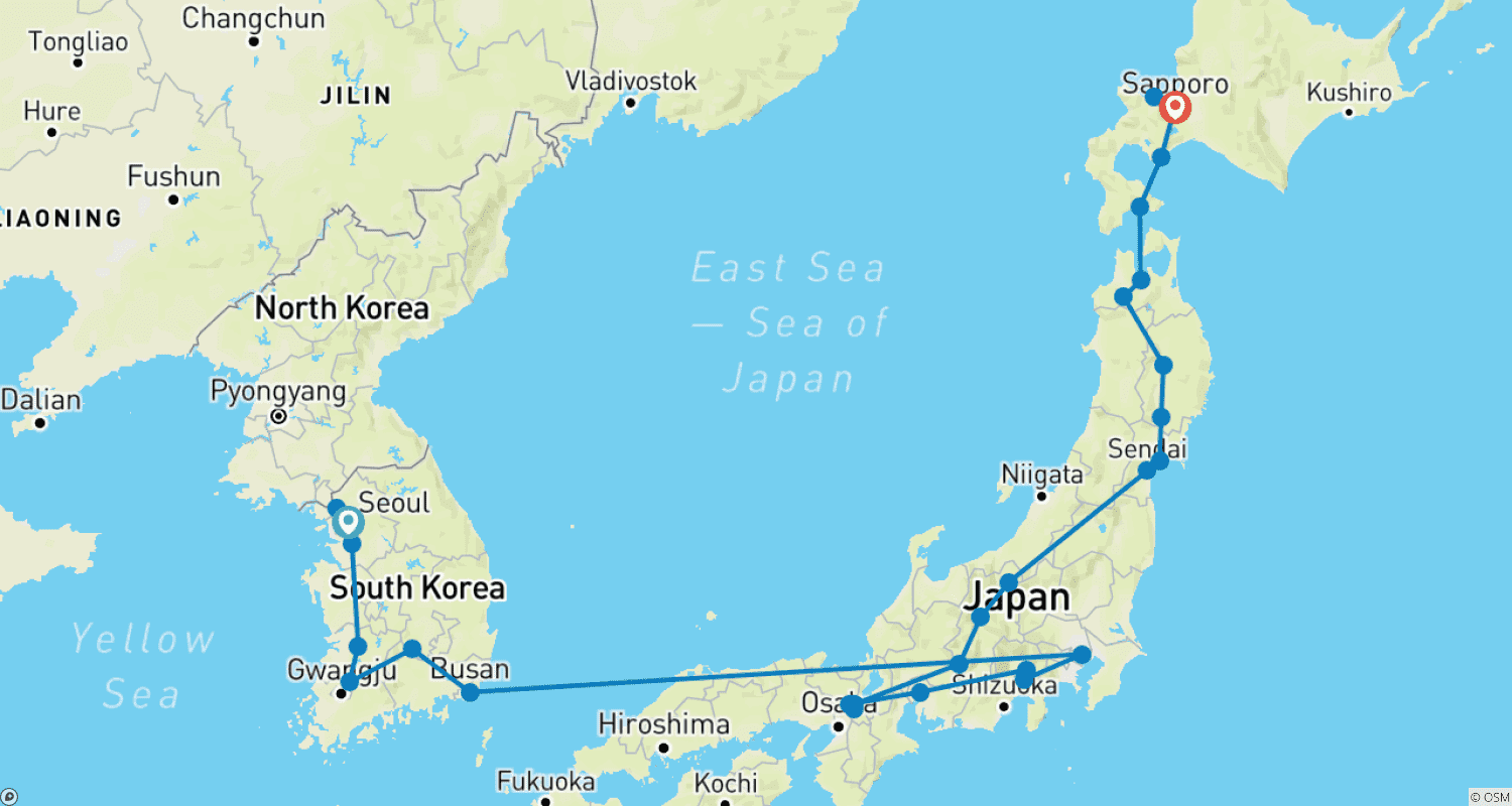 美しい韓国と日本の隠れた名所を巡る旅、札幌で終点のルートマップ