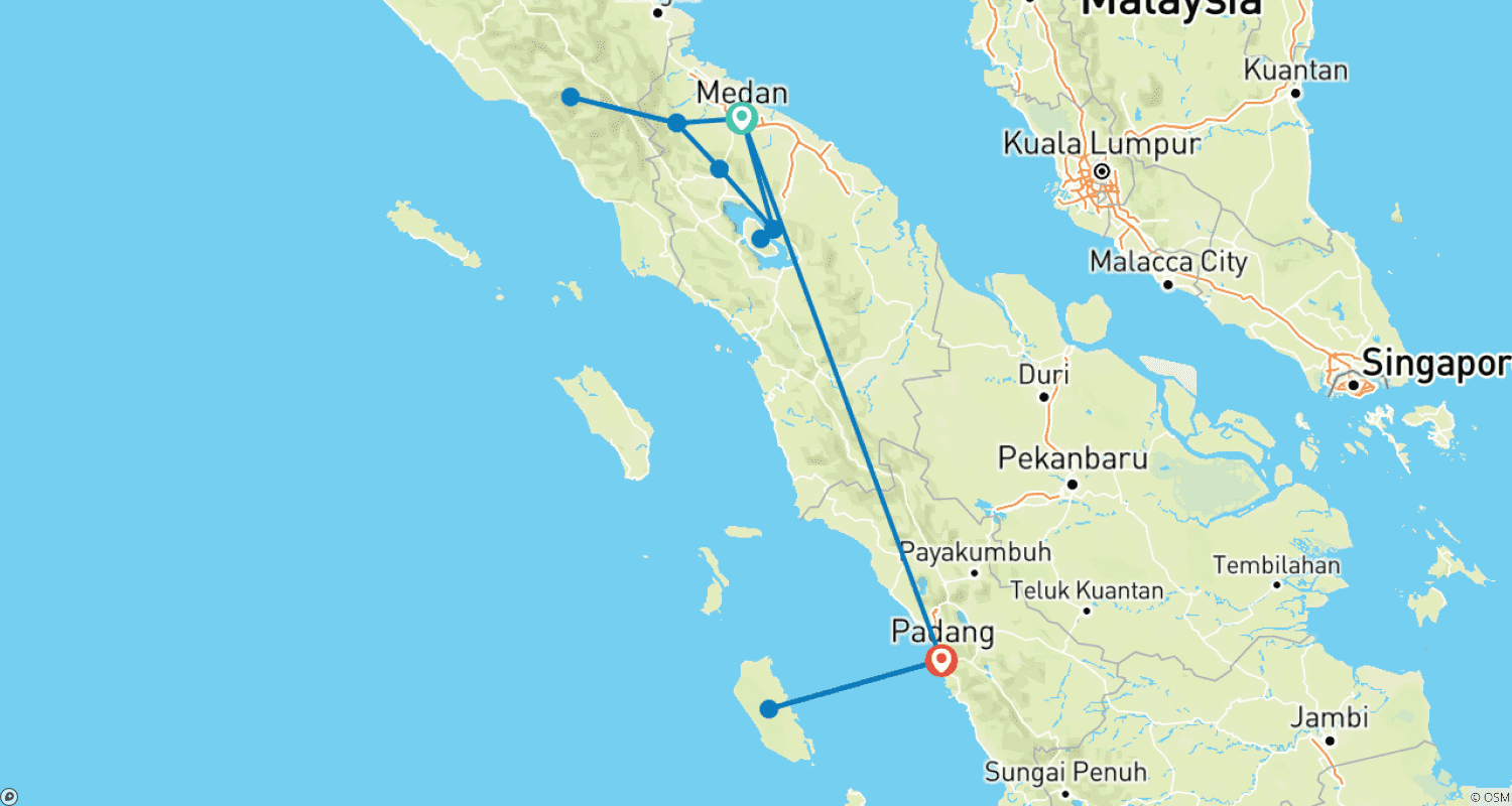 Mapa do percurso de 17 Dias para Descobrir Sumatra, Indonésia: Orangotangos, Vulcões e Cultura Mentawai