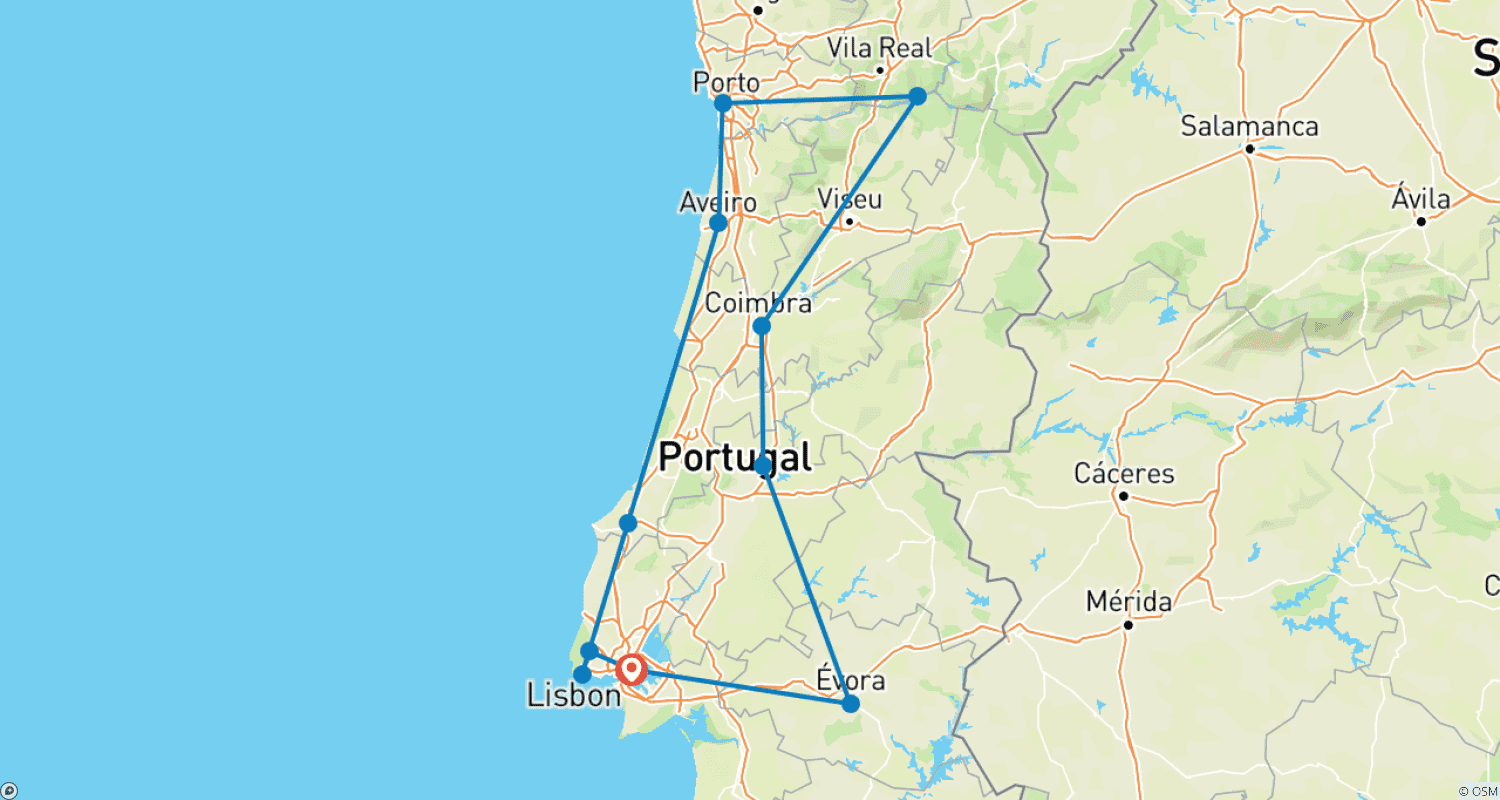 Mapa do percurso de Viagem Exploradora de Portugal para Pequenos Grupos