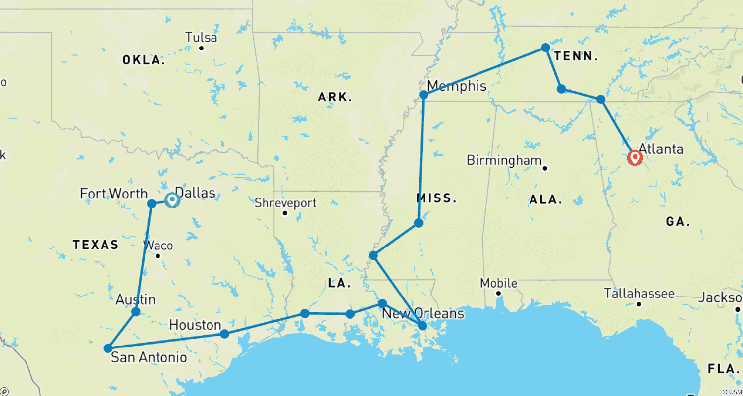 خريطة مسار USA - 14 Days The Great American South