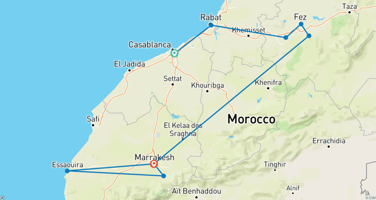9 Day Jewish Heritage Morocco Tour Private Synagogue Visitsのルートマップ