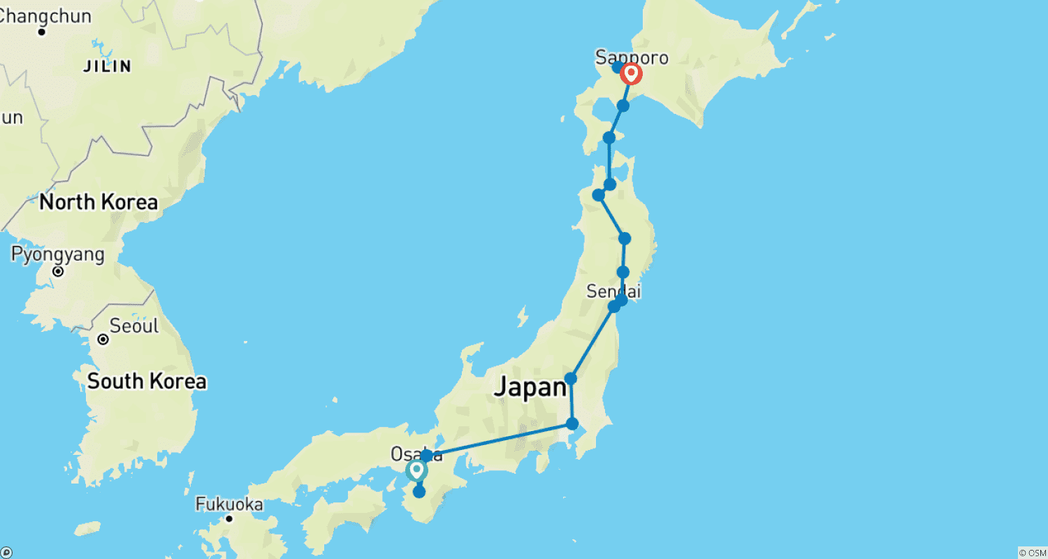 Mapa do percurso de Japão Tradicional e Norte do Japão - Fim em Sapporo