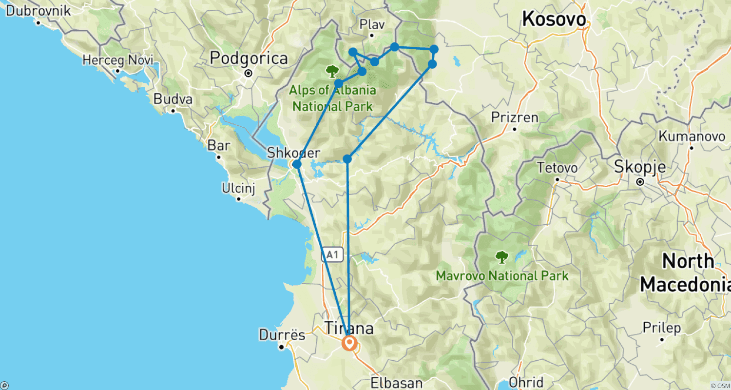 Mapa do percurso de Picos dos Balcãs