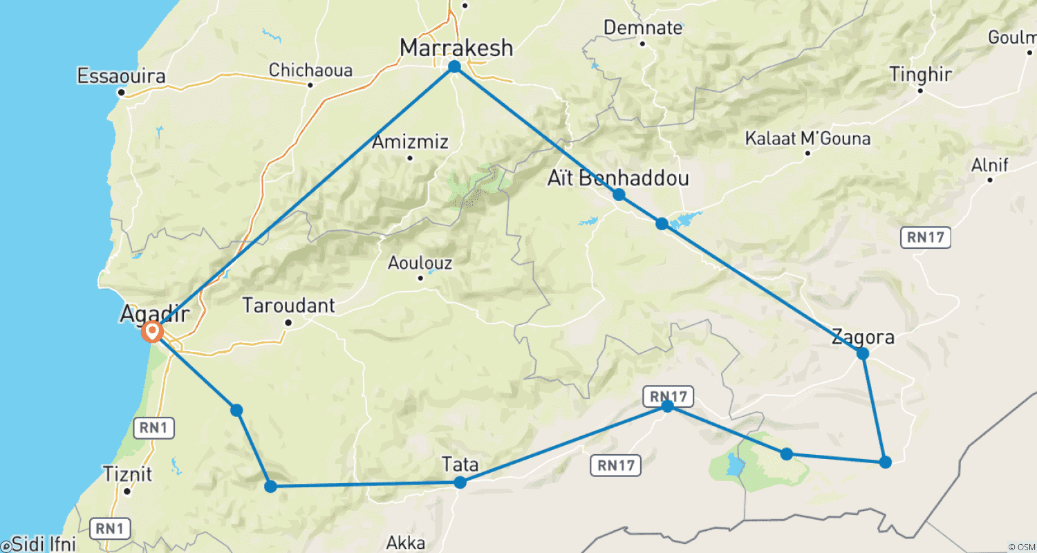 6 Days Desert Tour from Agadir to Erg Chegaga via Marrakechのルートマップ
