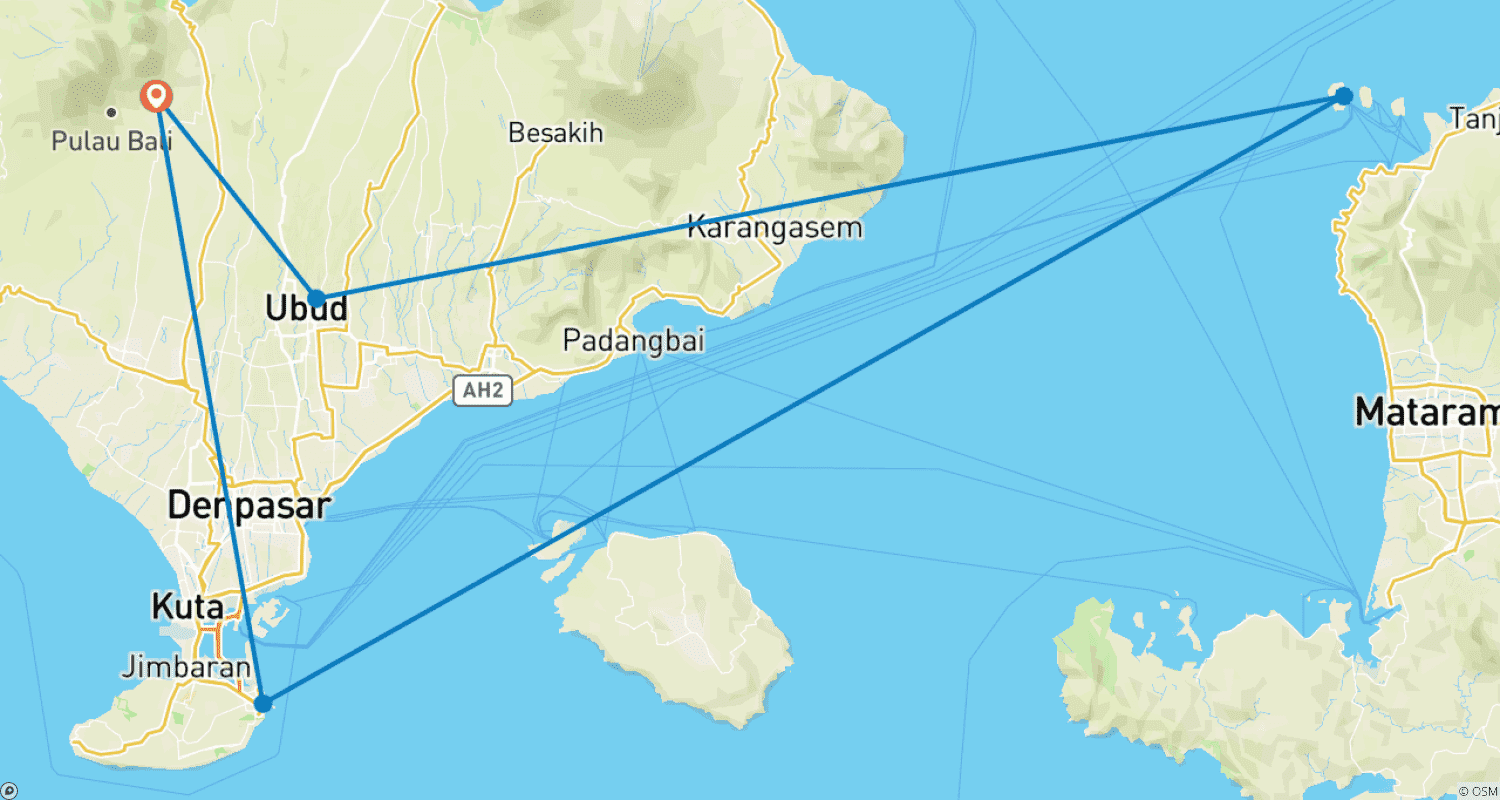 Mapa trasy: 8-dniowe Bali – Ubud, Gili Trawangan i odkrywanie Południowego Bali