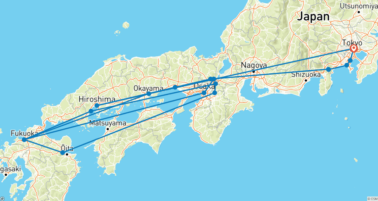 Low-Cost Japan in 18 Daysのルートマップ