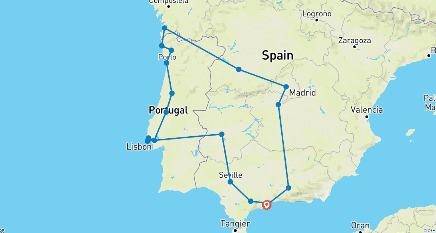 Mapa do percurso de Portugal e Andaluzia a partir da Costa do Sol - 11 dias