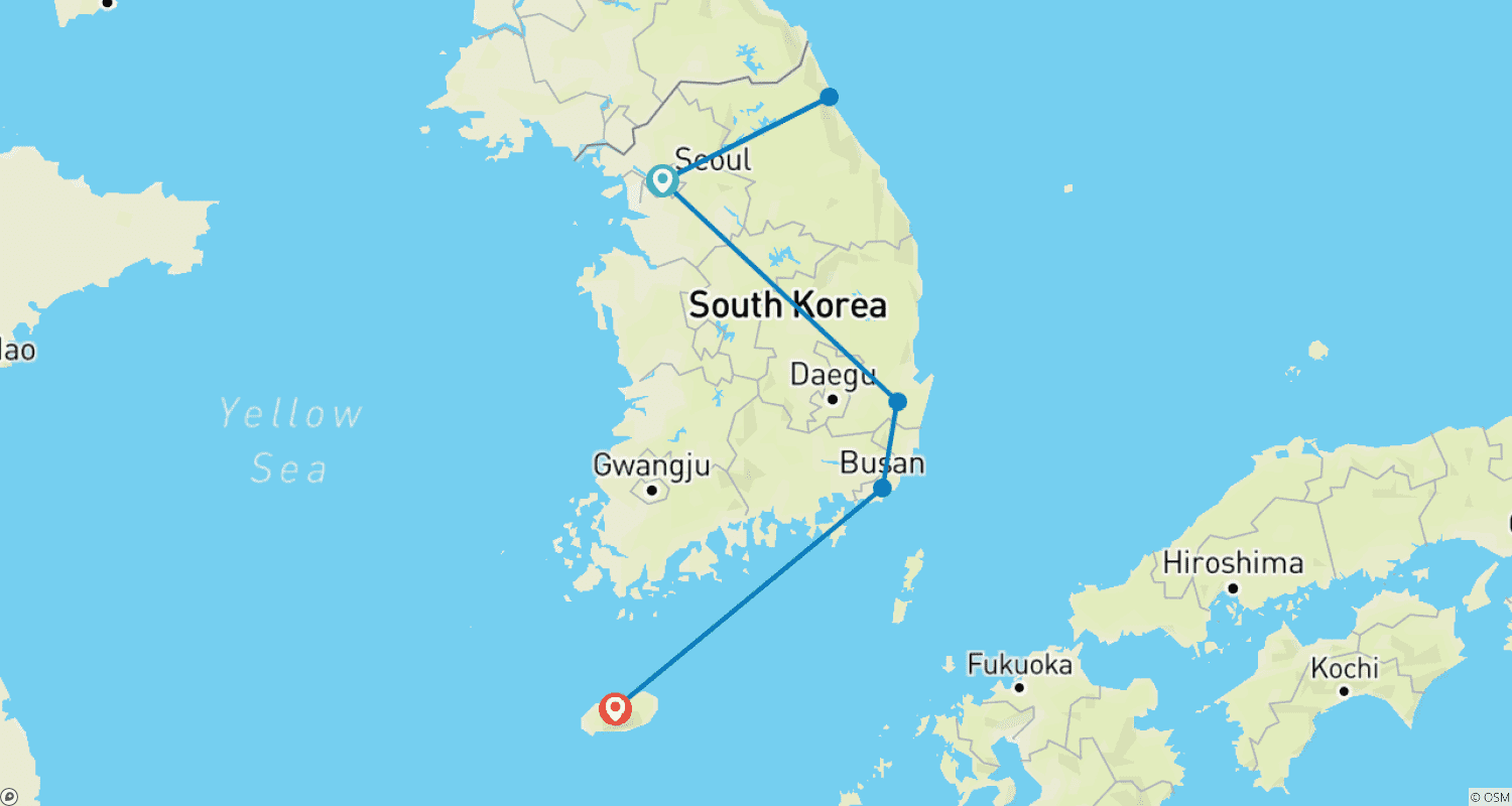 Mapa trasy: 10-dniowa oszałamiająca Korea Południowa – Prywatna wycieczka rodzinna z hotelami 4-gwiazdkowymi (bez grupy, z możliwością dostosowania)