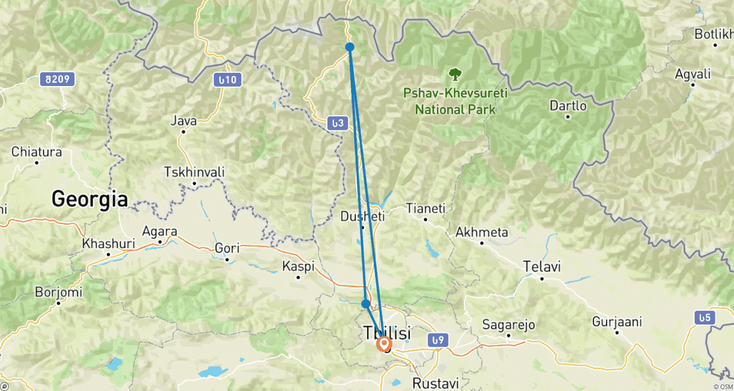 Mapa trasy: Niesamowita Gruzja 2026 – 5-dniowa kulturalna i widokowa wycieczka po Tbilisi, Mcchecie, Kazbegi i Kachetii