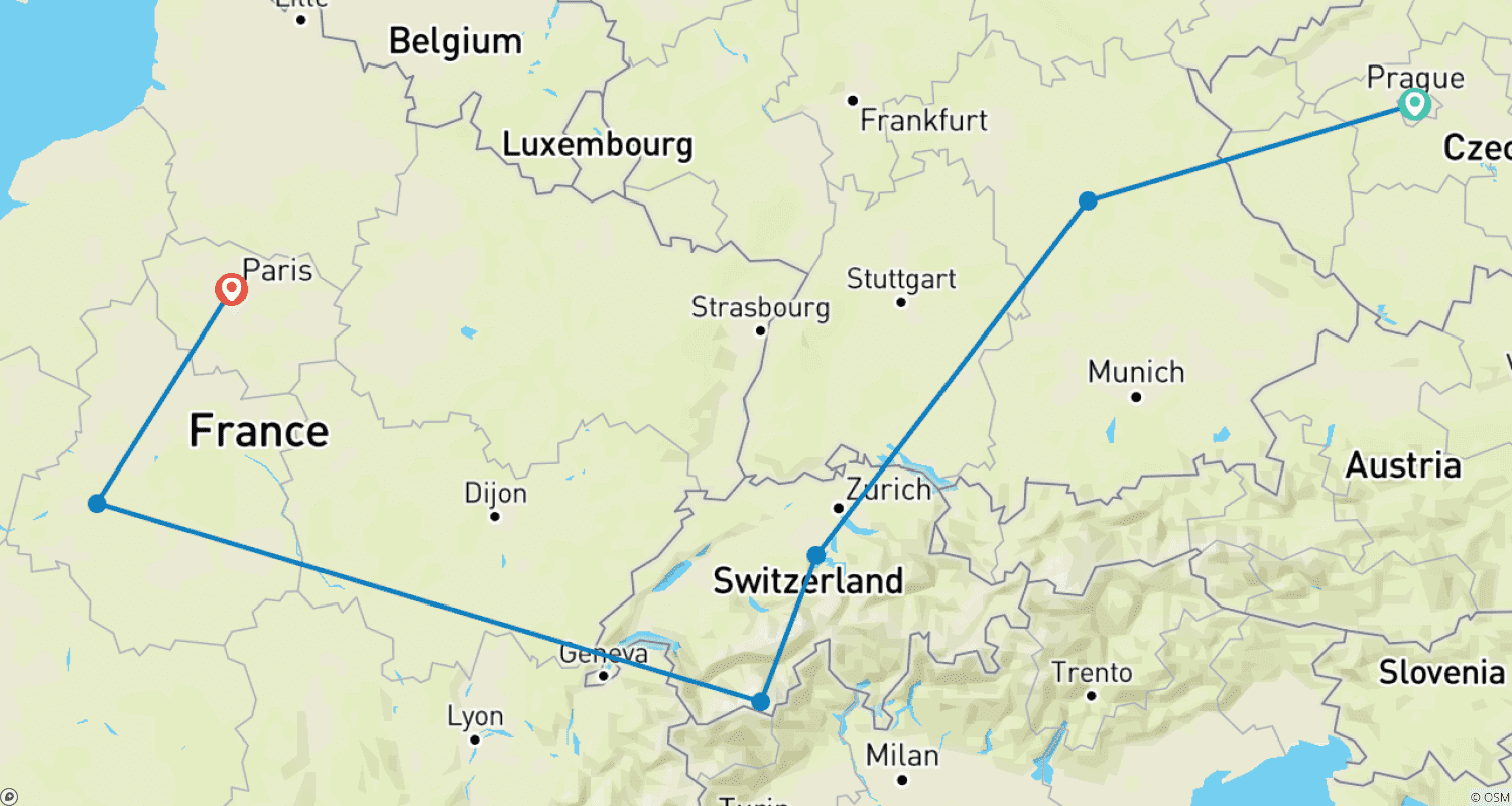 Mapa trasy: 9-Night Road Trip: Prague → Germany → Switzerland (Zermatt) → Loire Valley → Paris