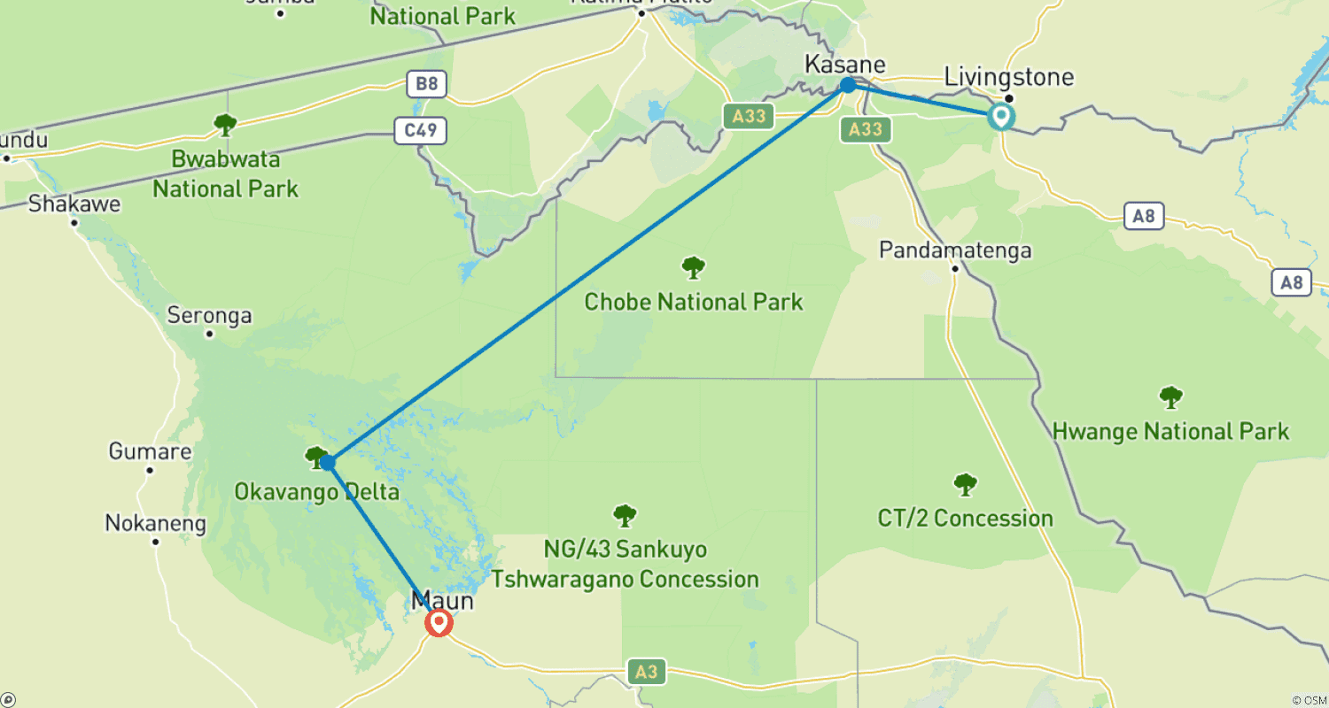 Mapa trasy: 9 Dni - Wodospady Wiktorii i Safari w Botswanie
