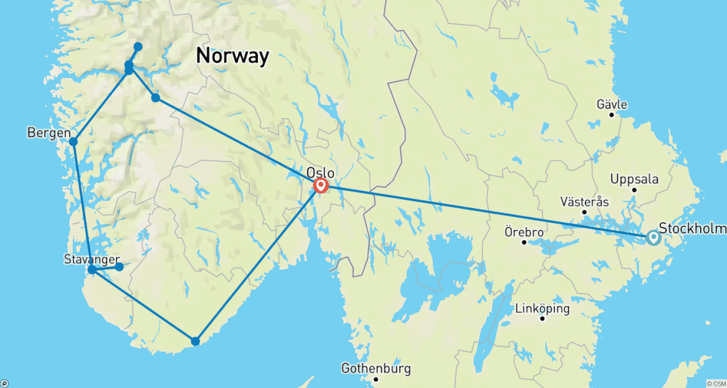 Mapa trasy: Magic of the Fjords Encompassed From Stockholm - 12 days
