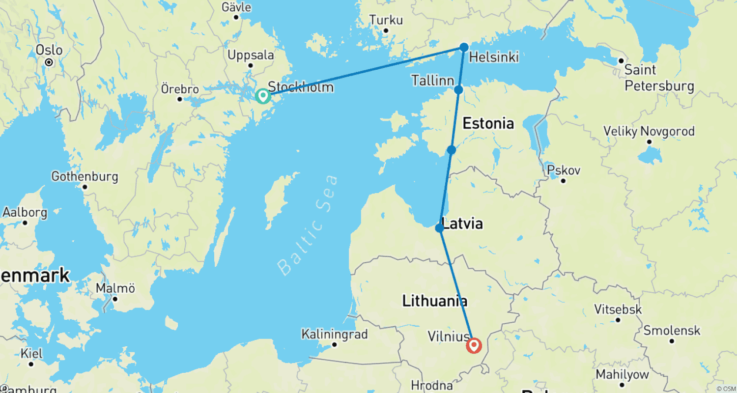Mapa do percurso de De Estocolmo a Vilnius - 9 dias