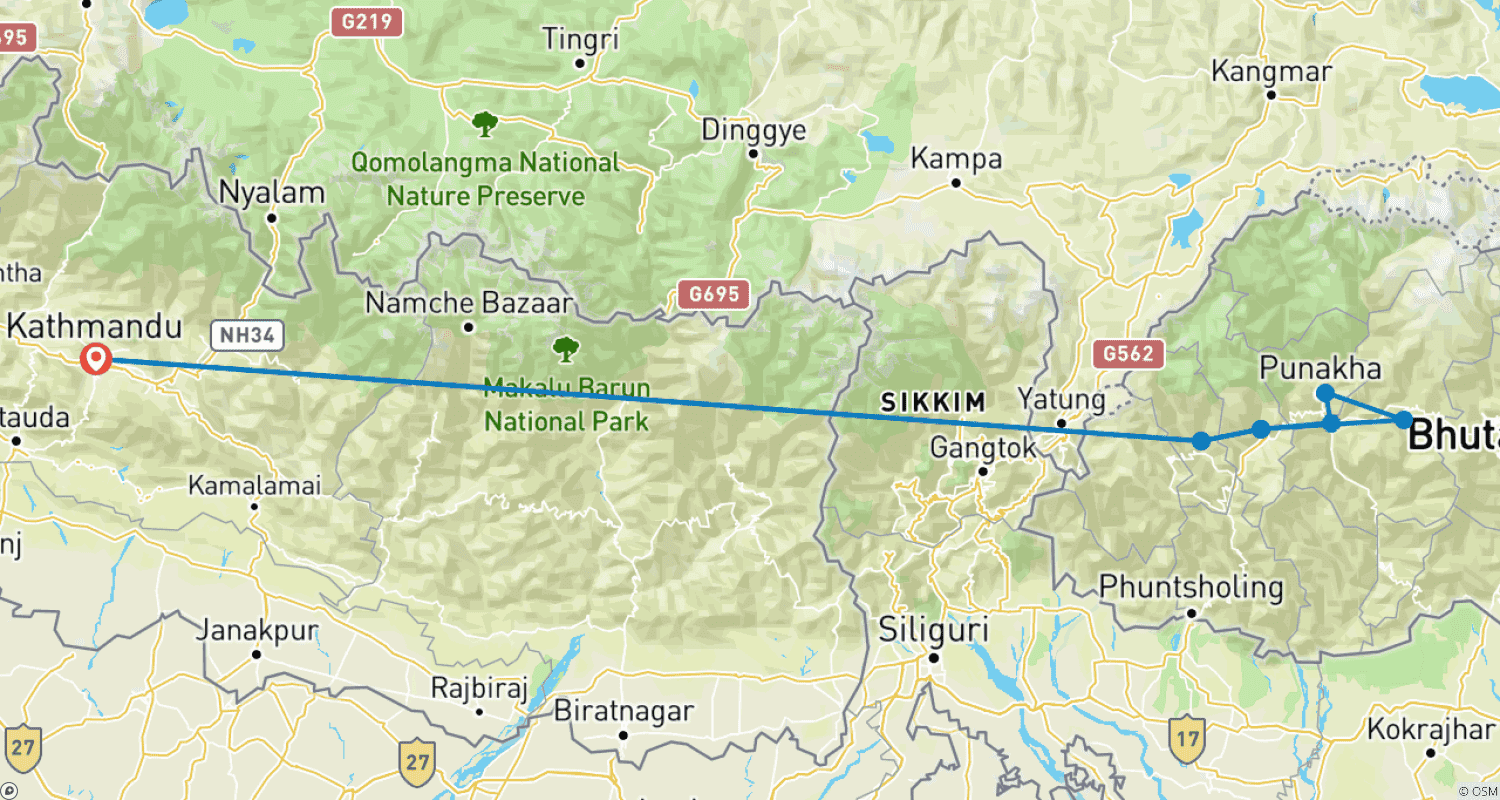 Mapa trasy: Odkryj Bhutan