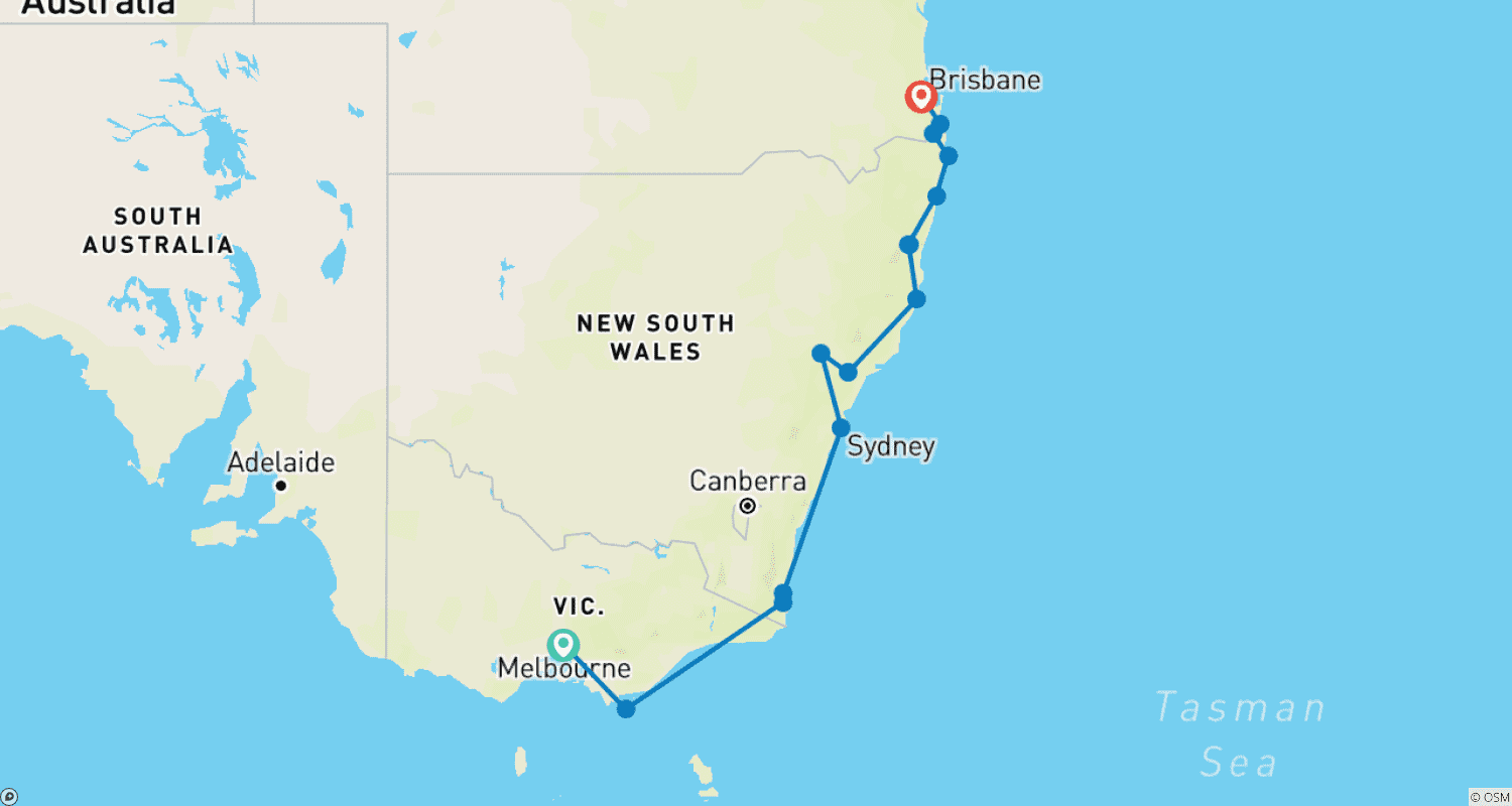 Mapa trasy: Melbourne to Brisbane Adventure