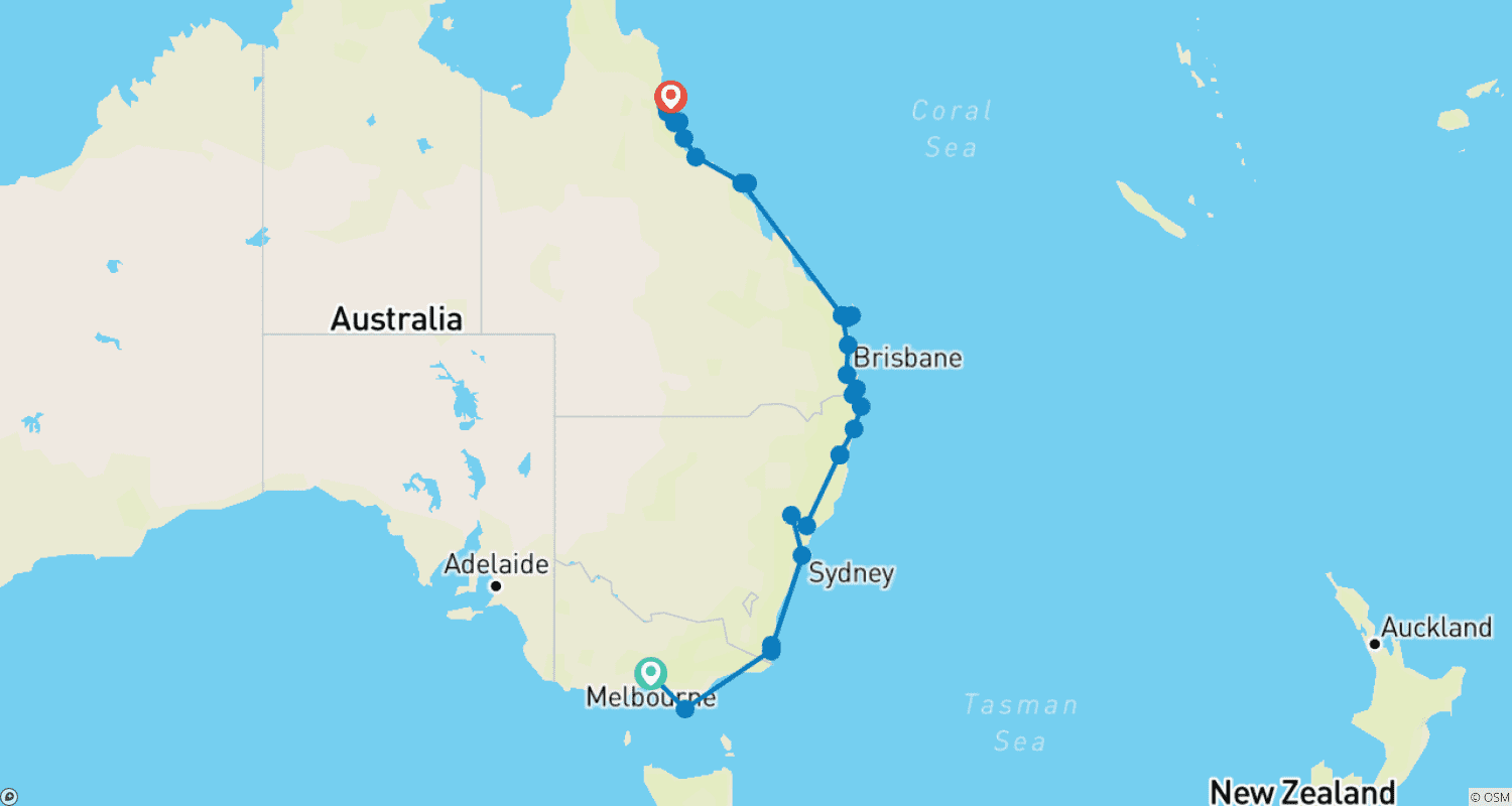 Mapa do percurso de Melbourne to Cairns Adventure