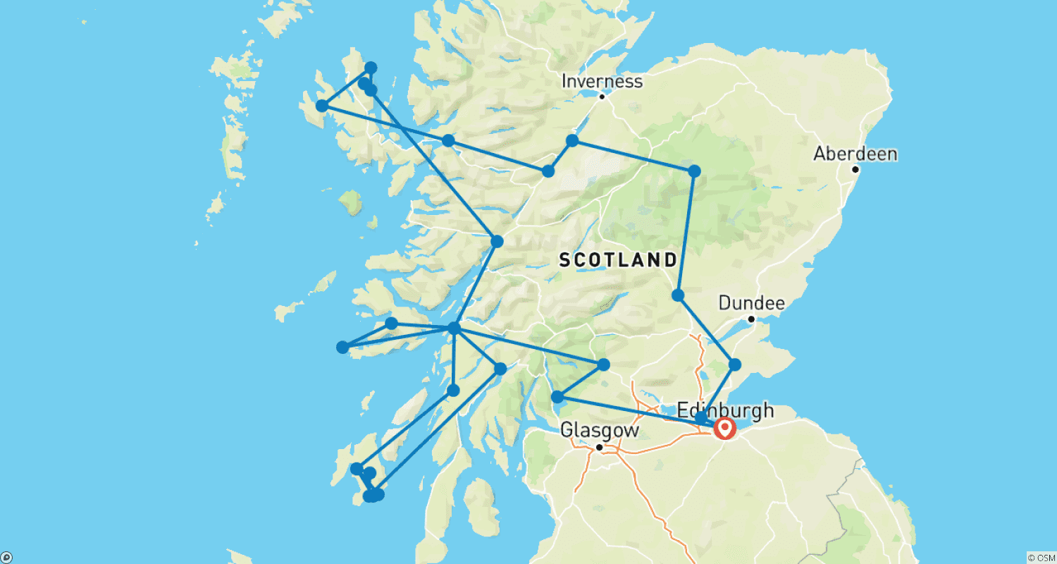 Mapa do percurso de 8 Dias nas Ilhas de Skye, Mull, Iona e o Uísque de Islay em Pequeno Grupo