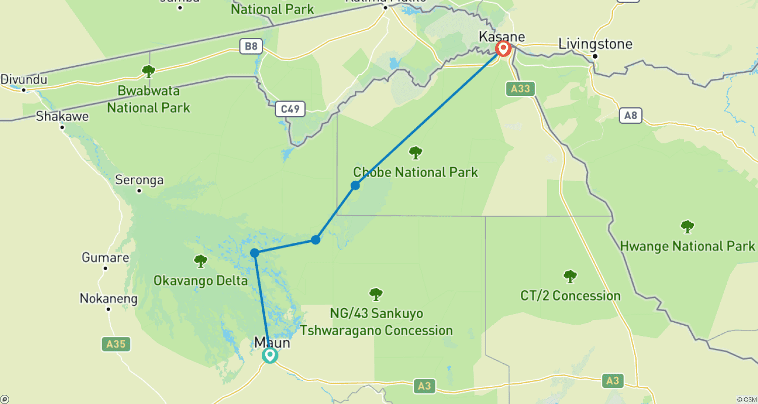 Mapa do percurso de Trilha Selvagem em Botswana: Safári de 8 Dias por Moremi, Savuti e Chobe