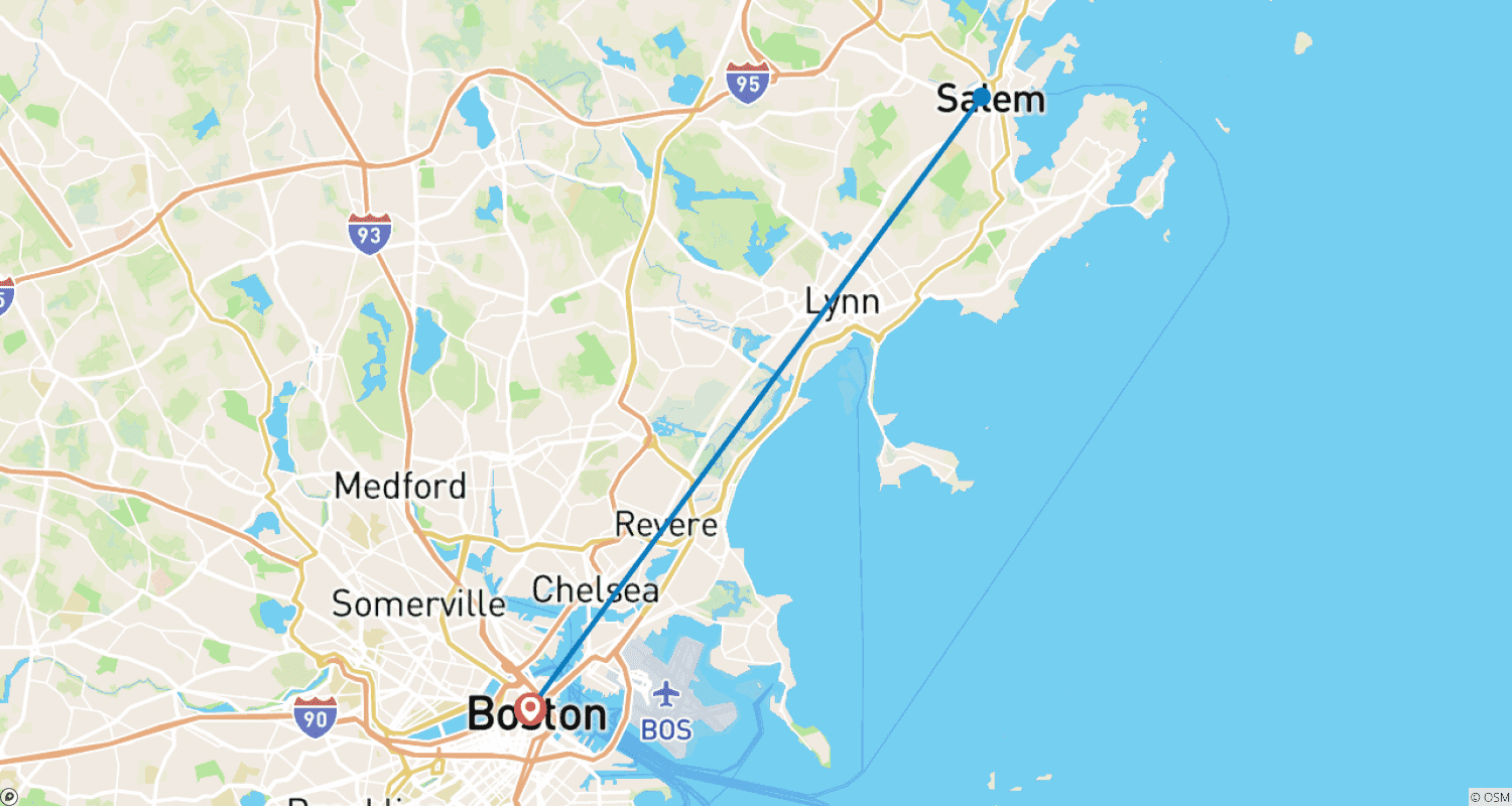 Mapa do percurso de Boston e Salem - 4 Dias de História Mágica