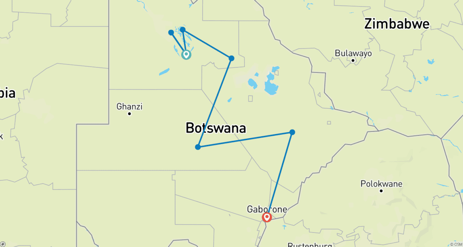 خريطة مسار Botswana Explorer Safari: 12-Day Cultural, Wildlife & Wilderness Adventure