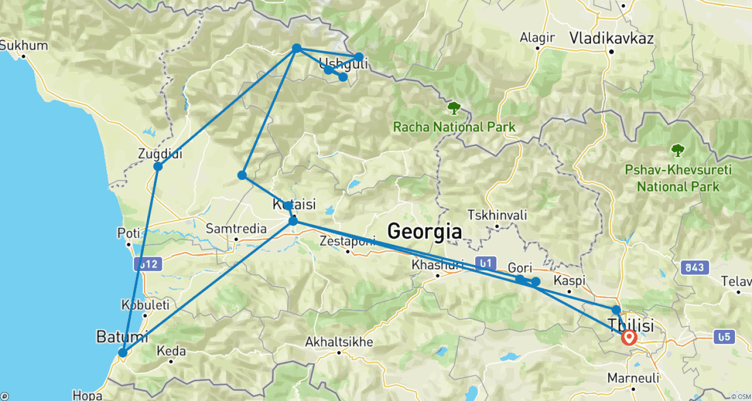 Mapa do percurso de 11-Day Authentic Georgia Tour: Tbilisi, Kutaisi, Svaneti, Batumi & UNESCO Treasures