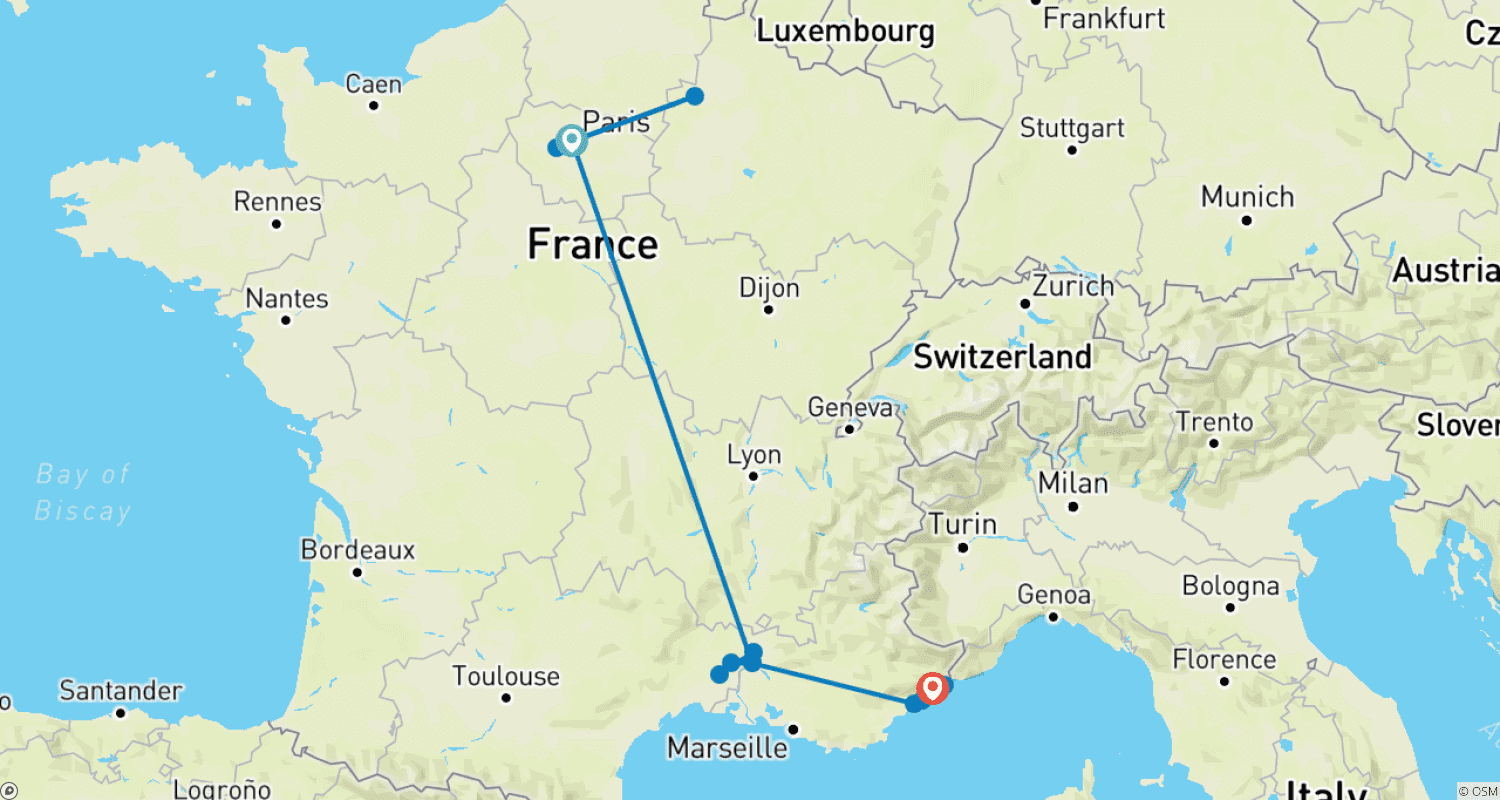 Mapa do percurso de Tour de Luxo Personalizado de 14 Dias pela França, Saídas Diárias e Guia Privado