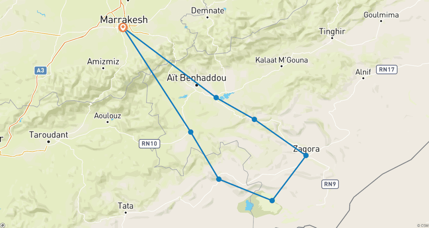 Mapa do percurso de 4-Day Marrakech to Erg Chigaga Desert Camp