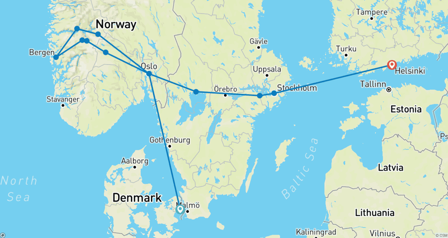 Mapa trasy: Nordyckie Legendy i Helsinki: Stolice i Fiordy – 13 DNI/12 NOCY