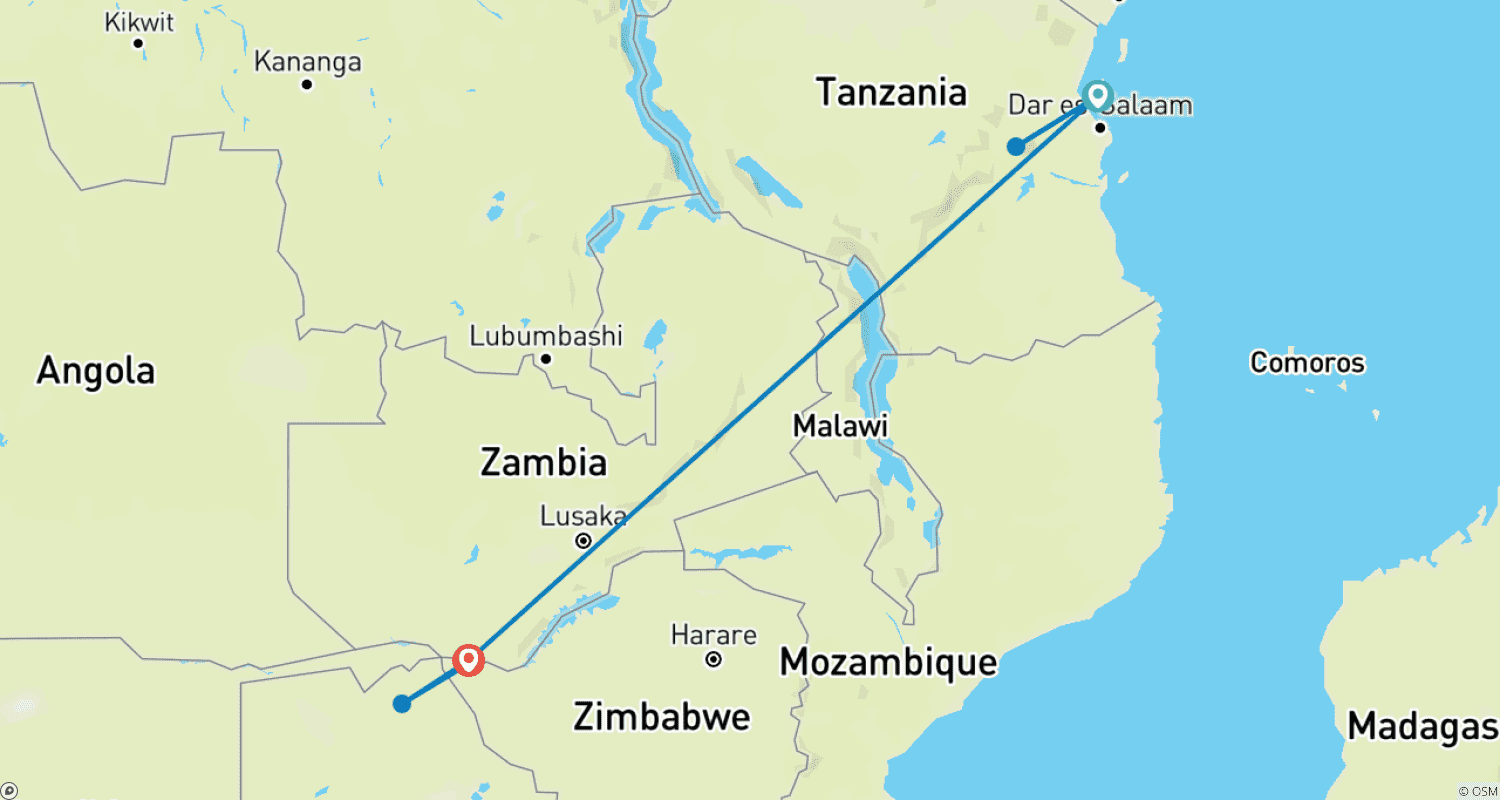Mapa do percurso de Pacote de Aventura de Safari de 9 Dias em Zanzíbar e Livingstone