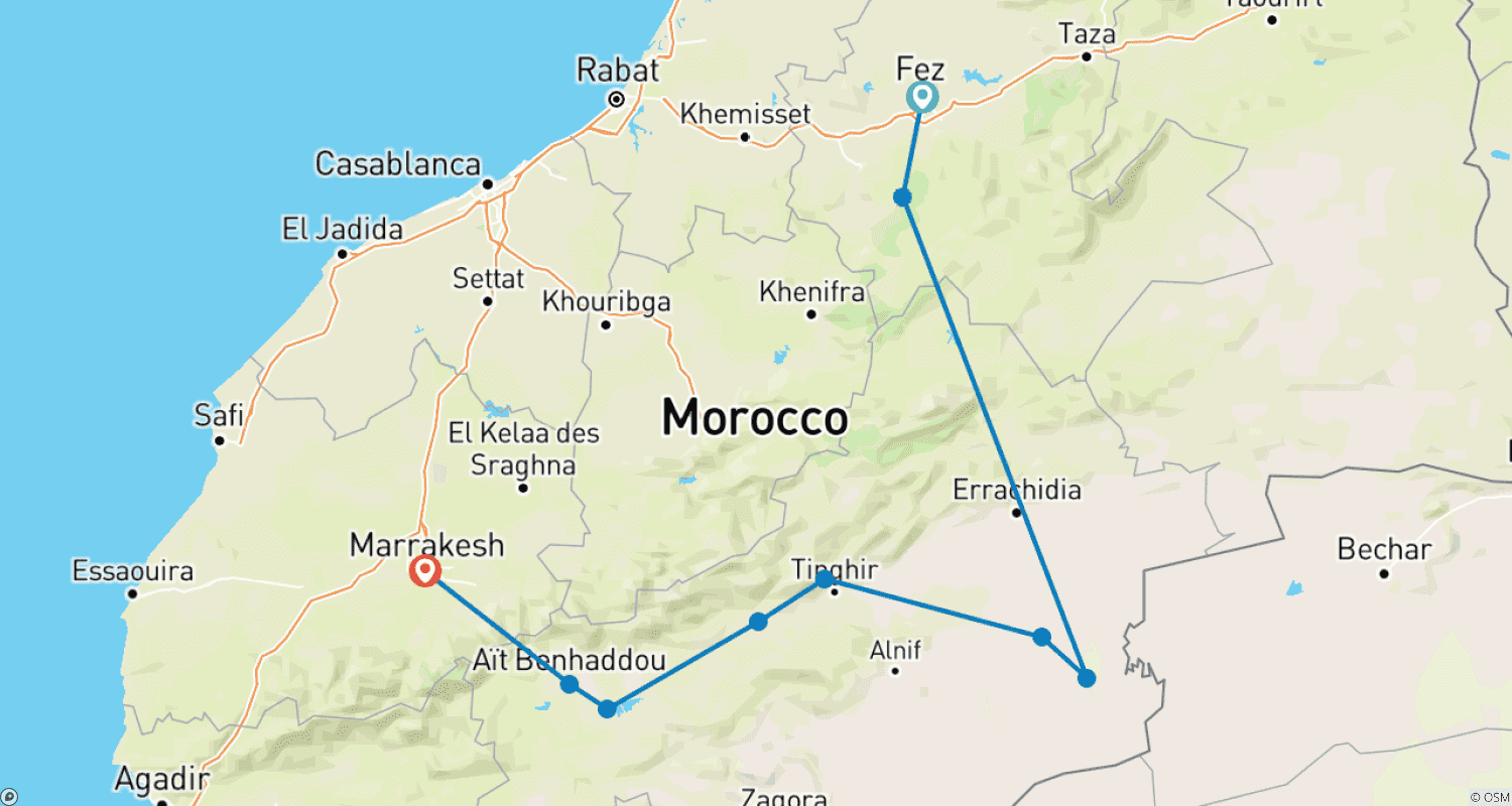 Mapa do percurso de Experiência Premium de 3 Dias no Saara de Fes a Marraquexe com Acampamento de Luxo