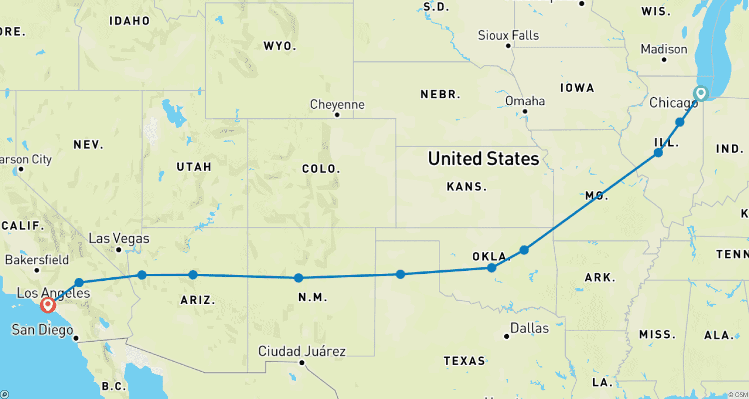 خريطة مسار 12-Day Route 66 from Chicago to the Pacific