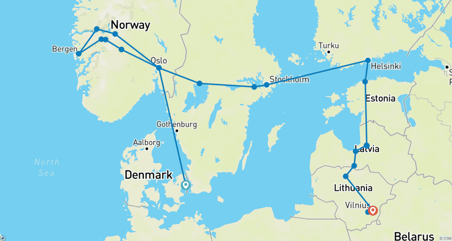 Premium Nordic and Baltic Routes – 19 DAYS/18 NIGHTSのルートマップ