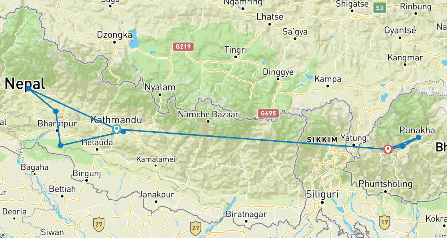 Nepal & Bhutan Journeyのルートマップ