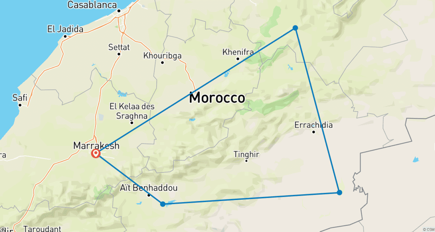 Morocco Desert & Atlas Explorer – 4 Days / 4 Nightsのルートマップ