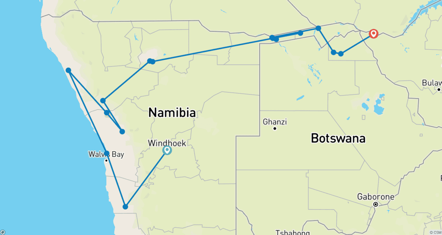 Mapa do percurso de Customized 14 Days Namibia, Botswana & Zimbabwe Tour, Private Guide