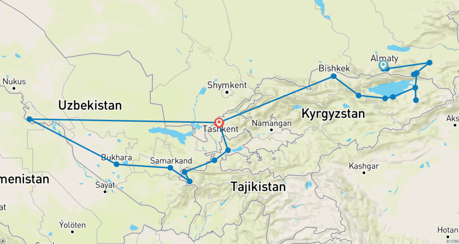 Mapa trasy: Cztery krainy: Odyssey przez serce Azji Centralnej, 18 dni