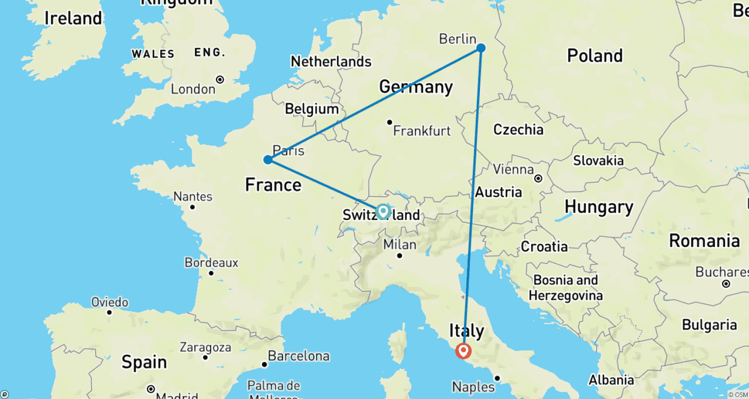 Euro After-Prom Adventure 15 days/14 nightsのルートマップ