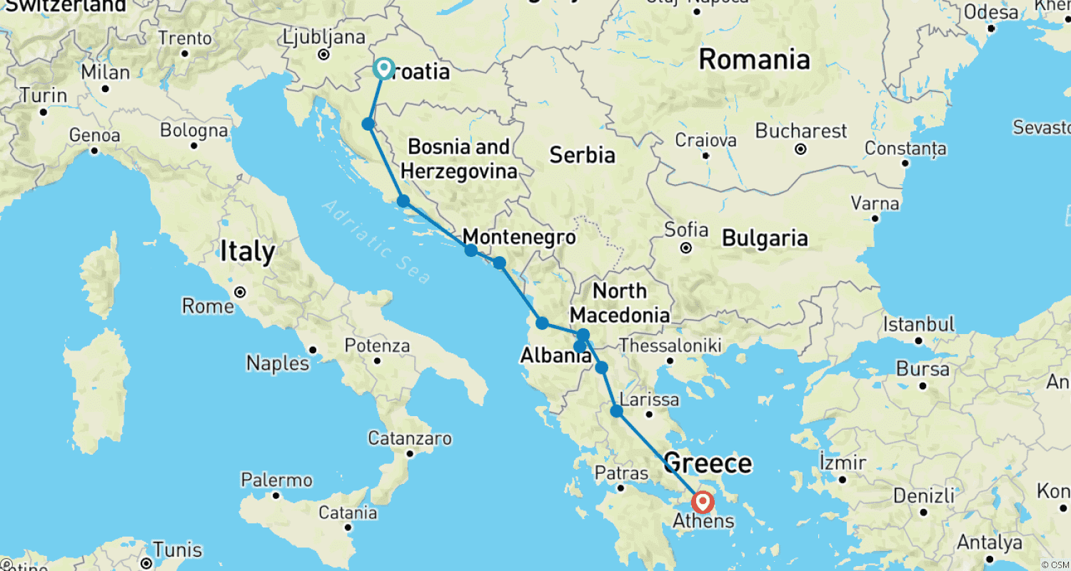 Zagreb to Athens – Croatia Balkans & Greece – Small Group Tourのルートマップ