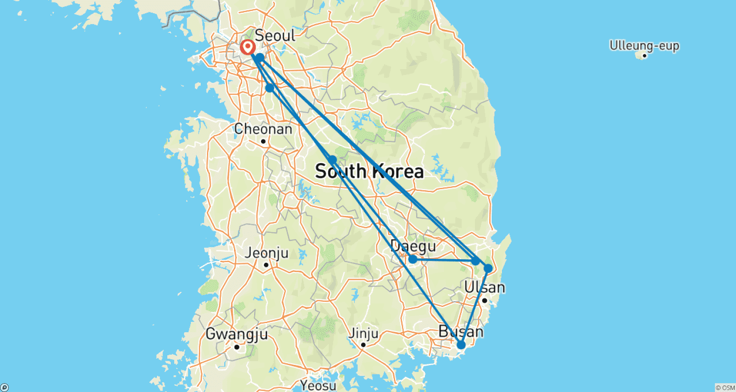 Mapa trasy: Wycieczka po Korei Południowej 8 dni: najważniejsze atrakcje Seulu, Gyeongju i Busan